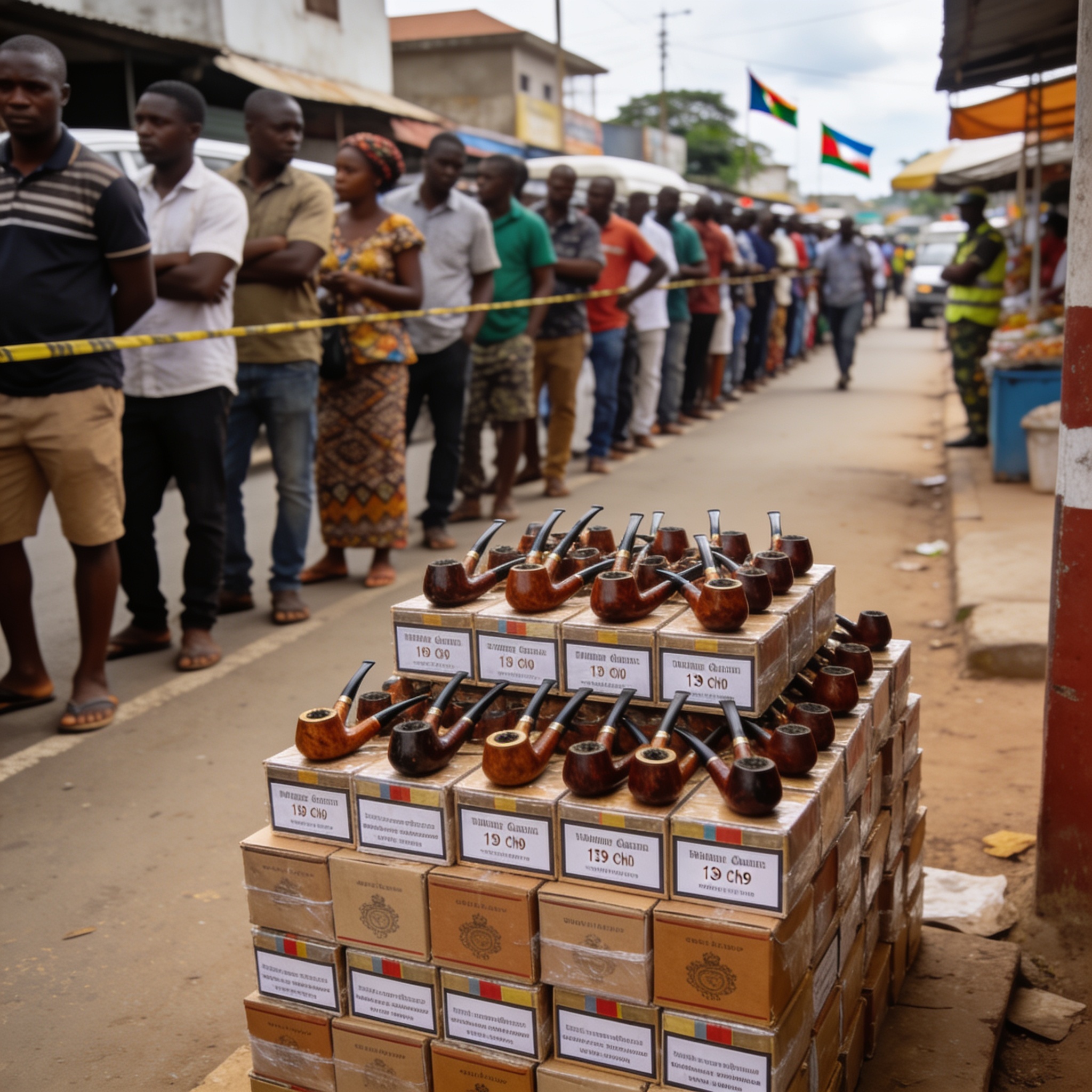 Create an editorial news illustration for an article about 'Brazzaville : entre interminables files d’attente et saisie record de 139 chichas à Poto-Poto'. The specific country is Republiqe du Congo (CG); make visual cues accurate to this exact count