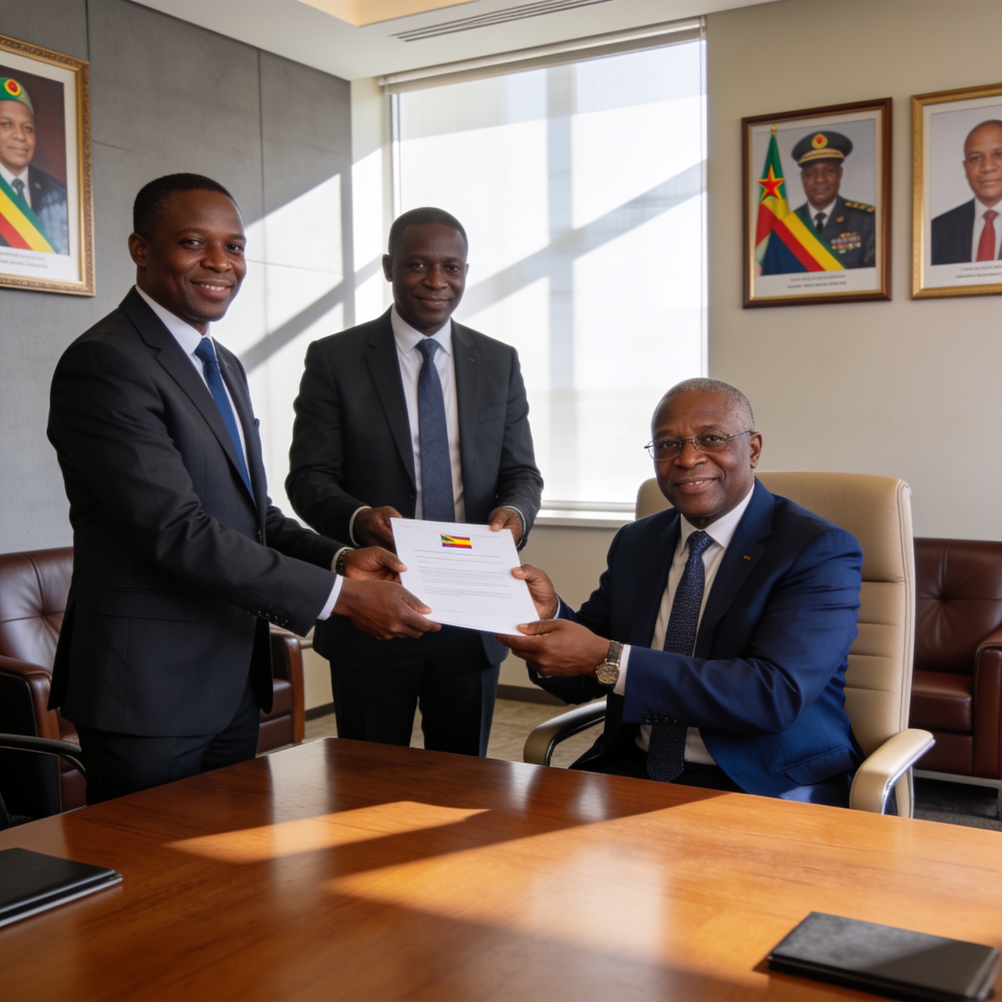 Create an editorial news illustration for an article about 'Cémac : une feuille de route ambitieuse présentée à Denis Sassou N’Guesso'. The specific country is Republiqe du Congo (CG); make visual cues accurate to this exact country and avoid flags o