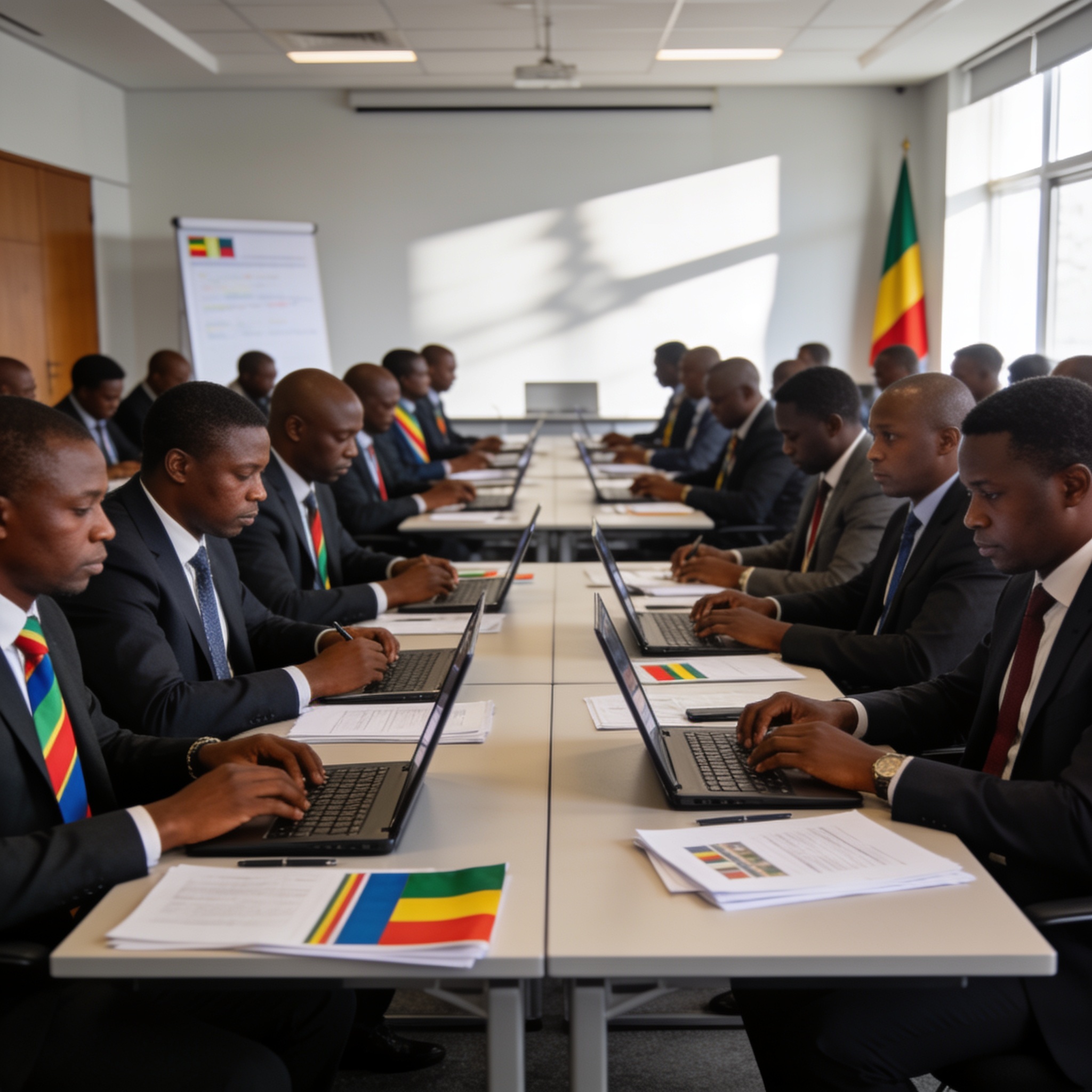 Create an editorial news illustration for an article about 'Congo : 50 agents formés à la gestion des financements des partenaires au développement'. The specific country is Republiqe du Congo (CG); make visual cues accurate to this exact country and