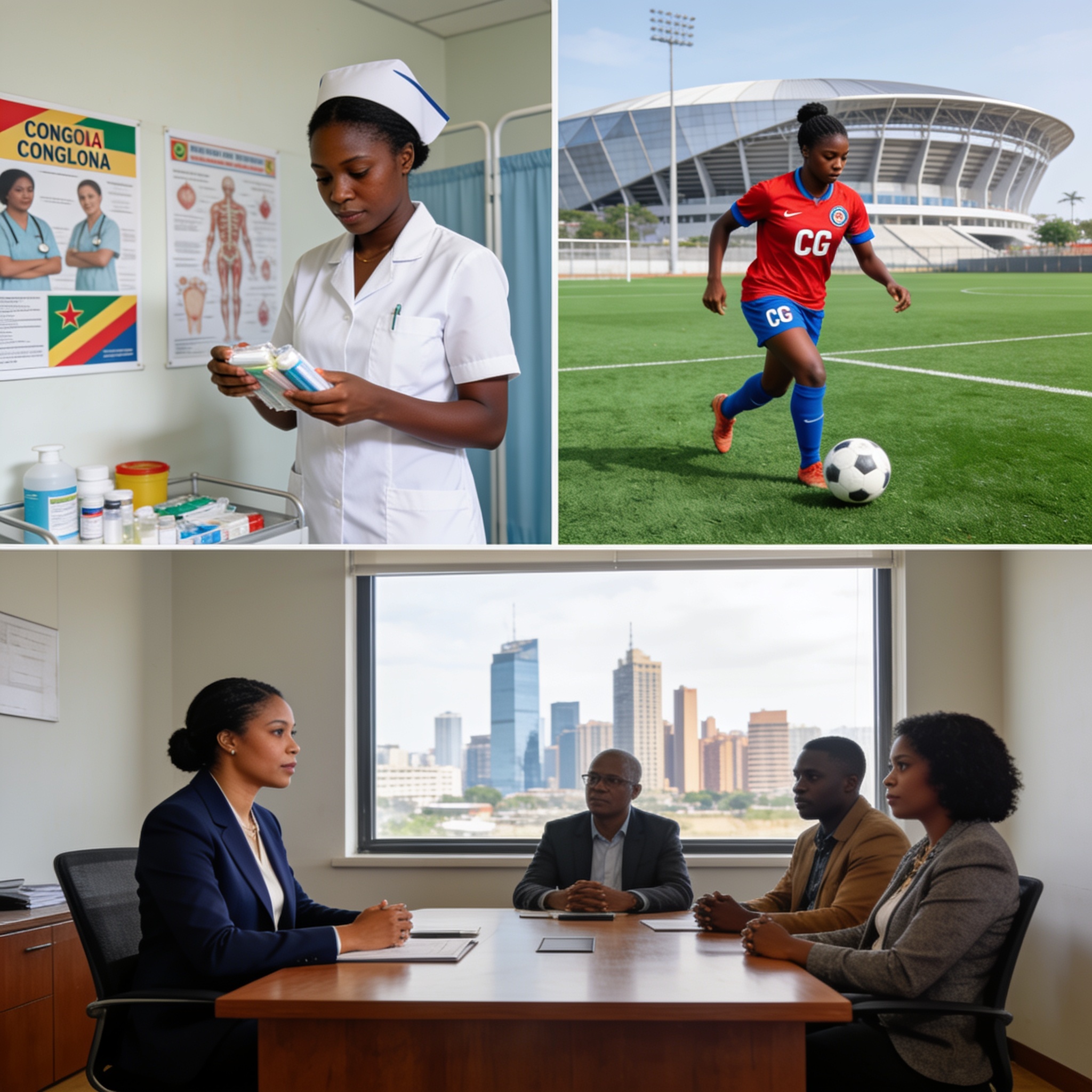 Create an editorial news illustration for an article about 'Congo : entre santé publique, football et promotion du leadership féminin, une semaine riche en actualités'. The specific country is Republiqe du Congo (CG); make visual cues accurate to thi