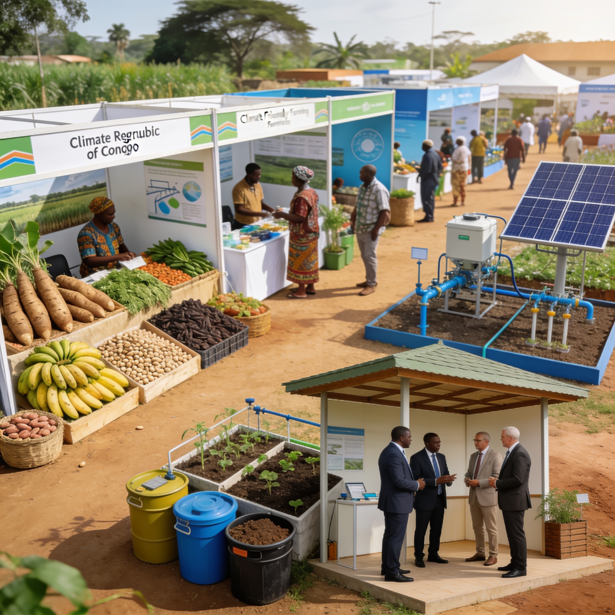 Create an editorial news illustration for an article about 'Congo : foire agricole, plan climat et dialogue politique au menu du 6 août 2026'. The specific country is Republiqe du Congo (CG); make visual cues accurate to this exact country and avoid