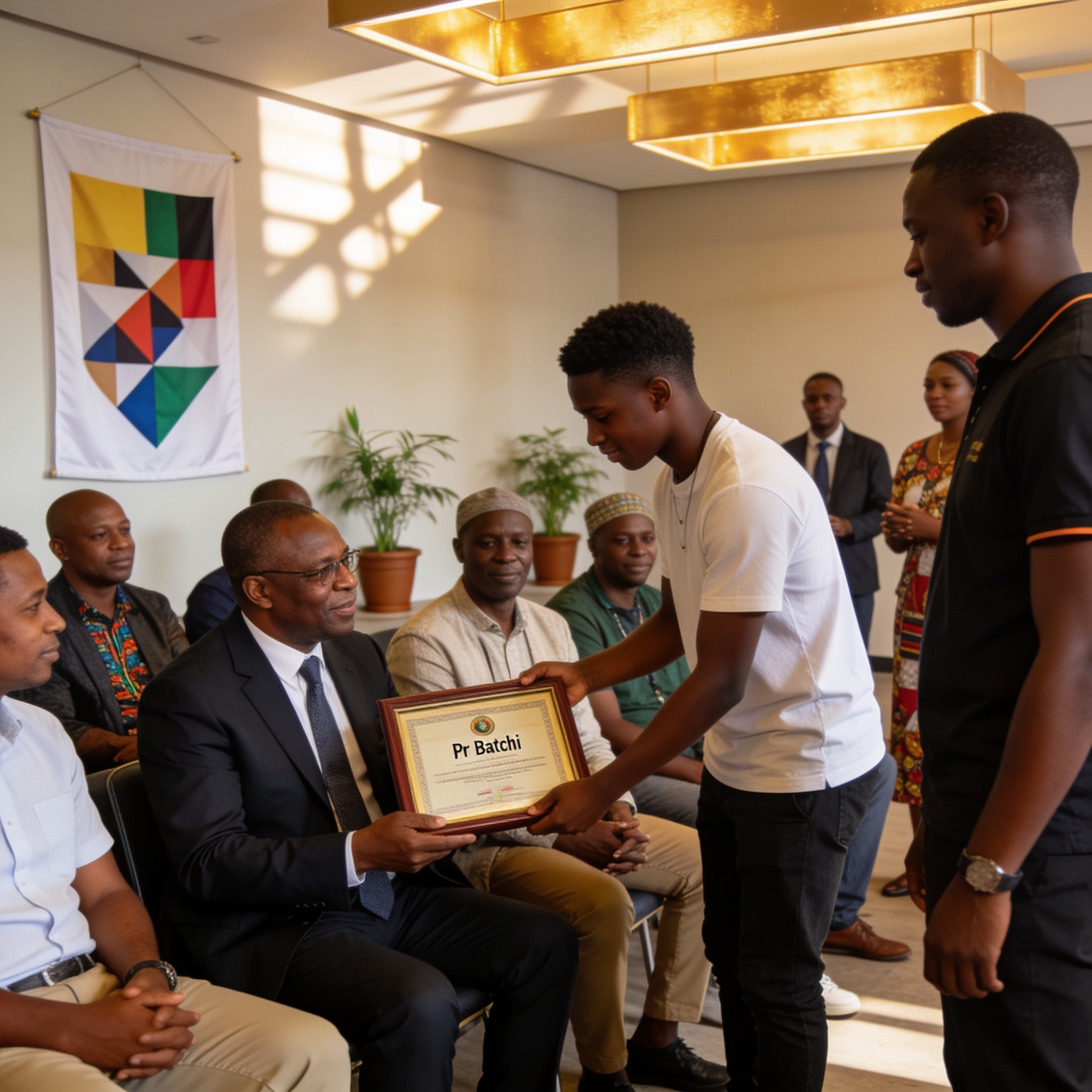 Create an editorial news illustration for an article about 'Congo : Nkayi montre l’exemple, « Talents + » promet, et le Pr Batchi reçoit un ultime hommage'. The specific country is Republiqe du Congo (CG); make visual cues accurate to this exact coun
