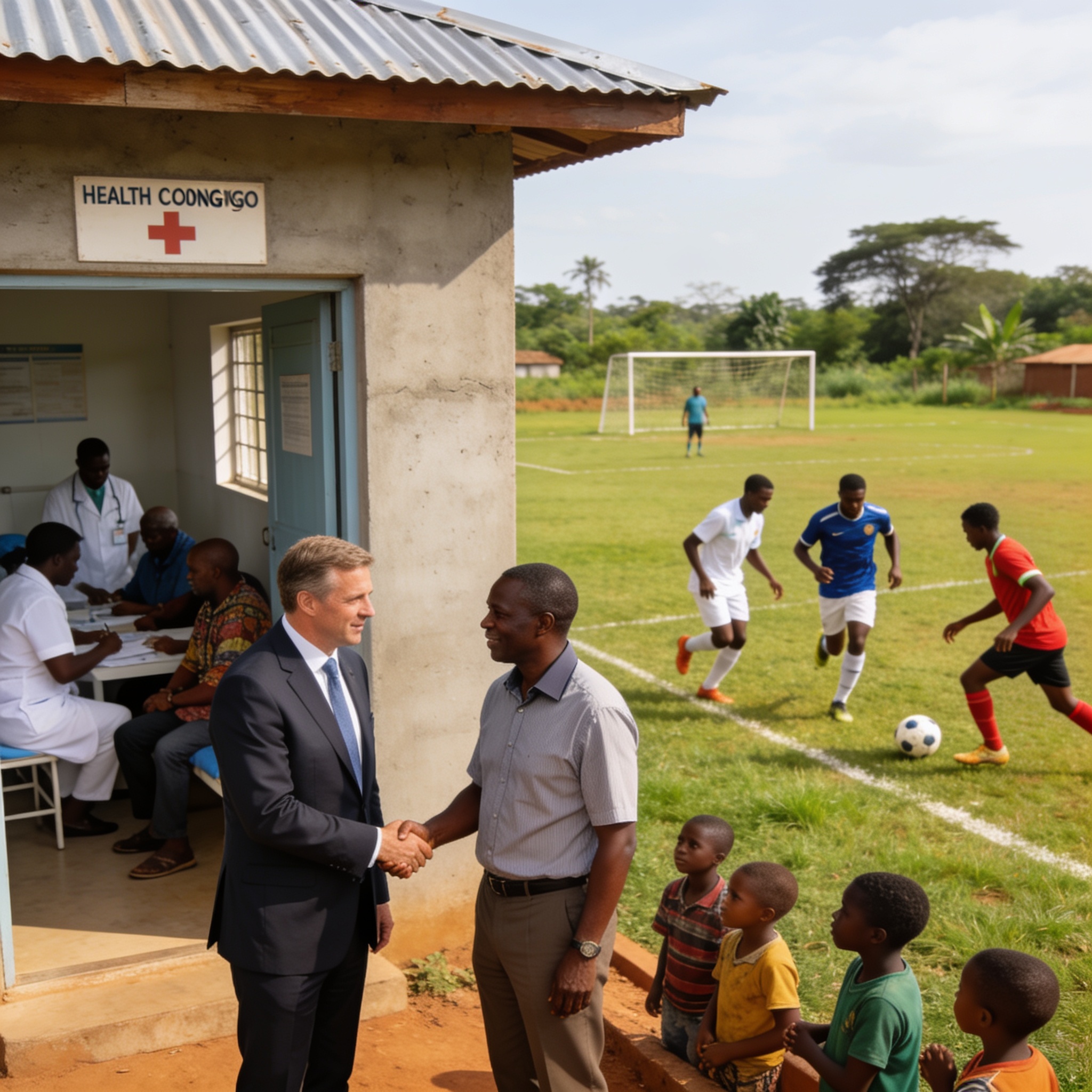 Create an editorial news illustration for an article about 'Congo : Plaidoyer pour la santé rurale, relance du football et nouveaux ambassadeurs – L’actualité du 3 août 2026'. The specific country is Republiqe du Congo (CG); make visual cues accurate