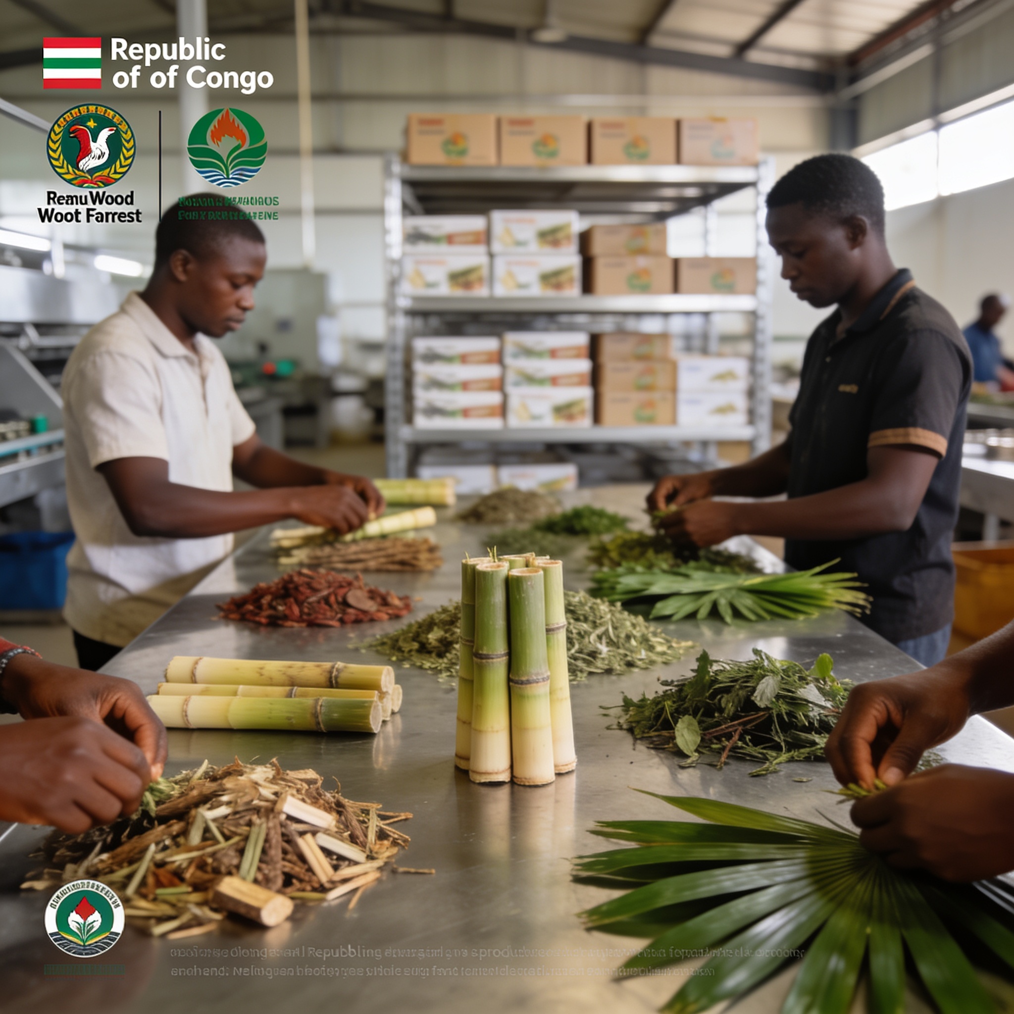 Create an editorial news illustration for an article about 'Congo : un nouveau programme national pour valoriser les produits forestiers non ligneux'. The specific country is Republiqe du Congo (CG); make visual cues accurate to this exact country an
