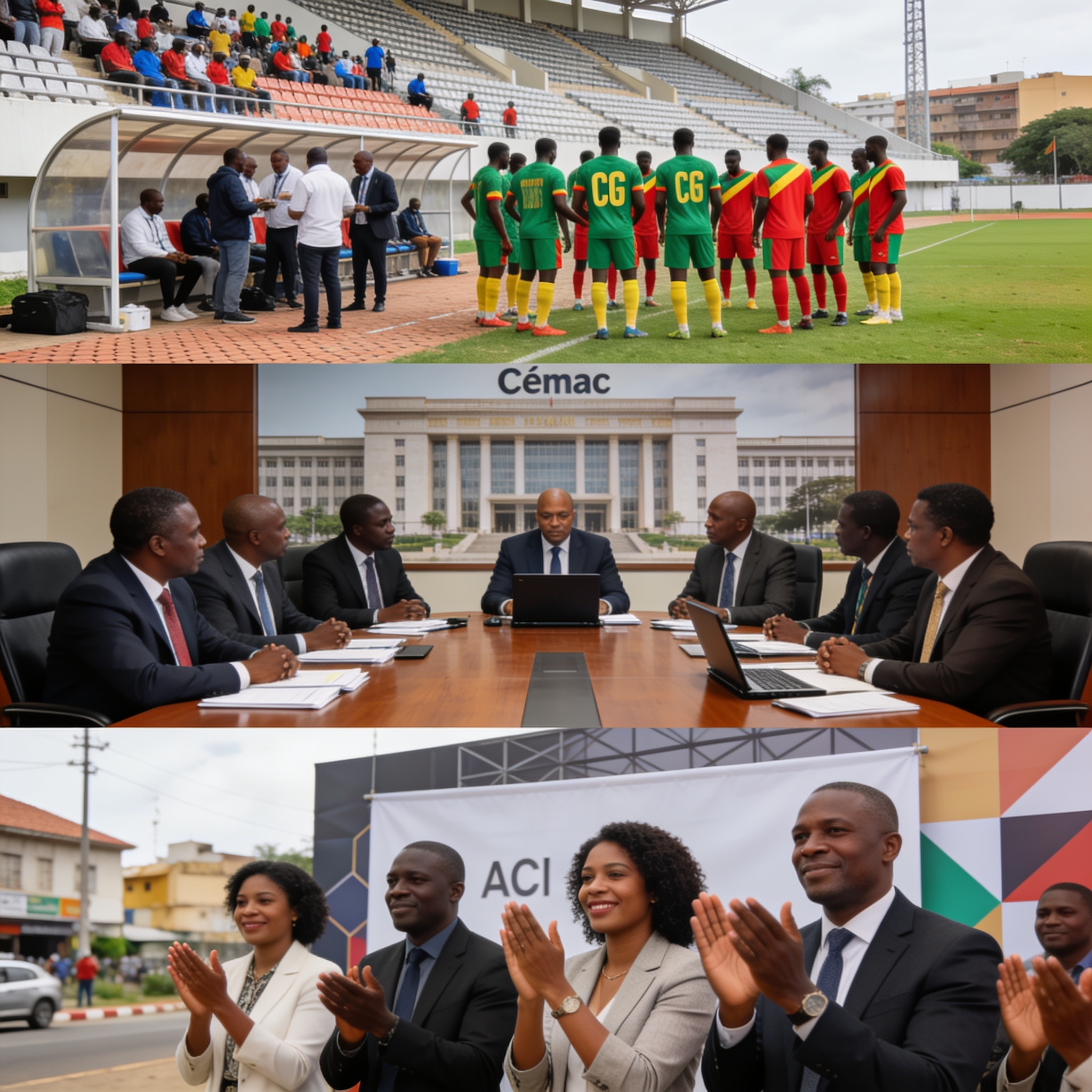 Create an editorial news illustration for an article about 'Football congolais dans l’impasse, Cémac en action et ACI célébrée : l’essentiel de l’actualité du 5 août 2026'. The specific country is Republiqe du Congo (CG); make visual cues accurate to