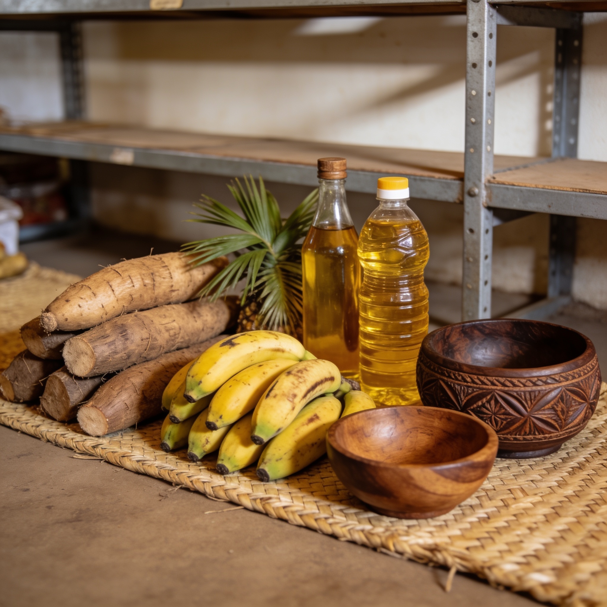 Create an editorial news illustration for an article about 'GFAC 2026 : le paradoxe des produits locaux exposés mais absents des assiettes'. The specific country is Republiqe du Congo (CG); make visual cues accurate to this exact country and avoid fl