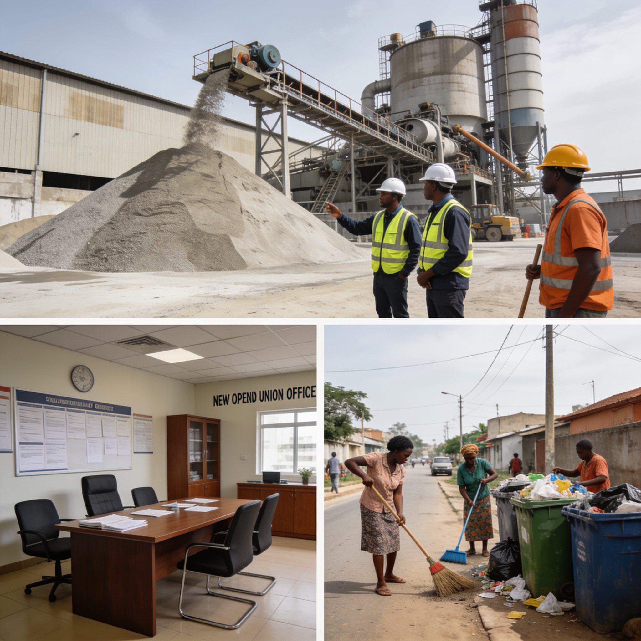 Create an editorial news illustration for an article about 'Le Congo en bref : soutien au ciment, nouveau bureau syndical et campagne de salubrité à Itatolo'. The specific country is Republiqe du Congo (CG); make visual cues accurate to this exact co