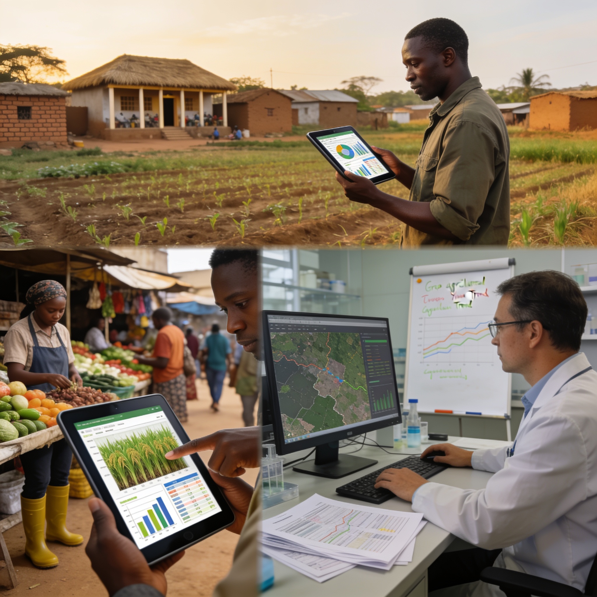 Create an editorial news illustration for an article about 'Le Congo mise sur des données actualisées pour lutter contre l’insécurité alimentaire'. The specific country is Republiqe du Congo (CG); make visual cues accurate to this exact country and a