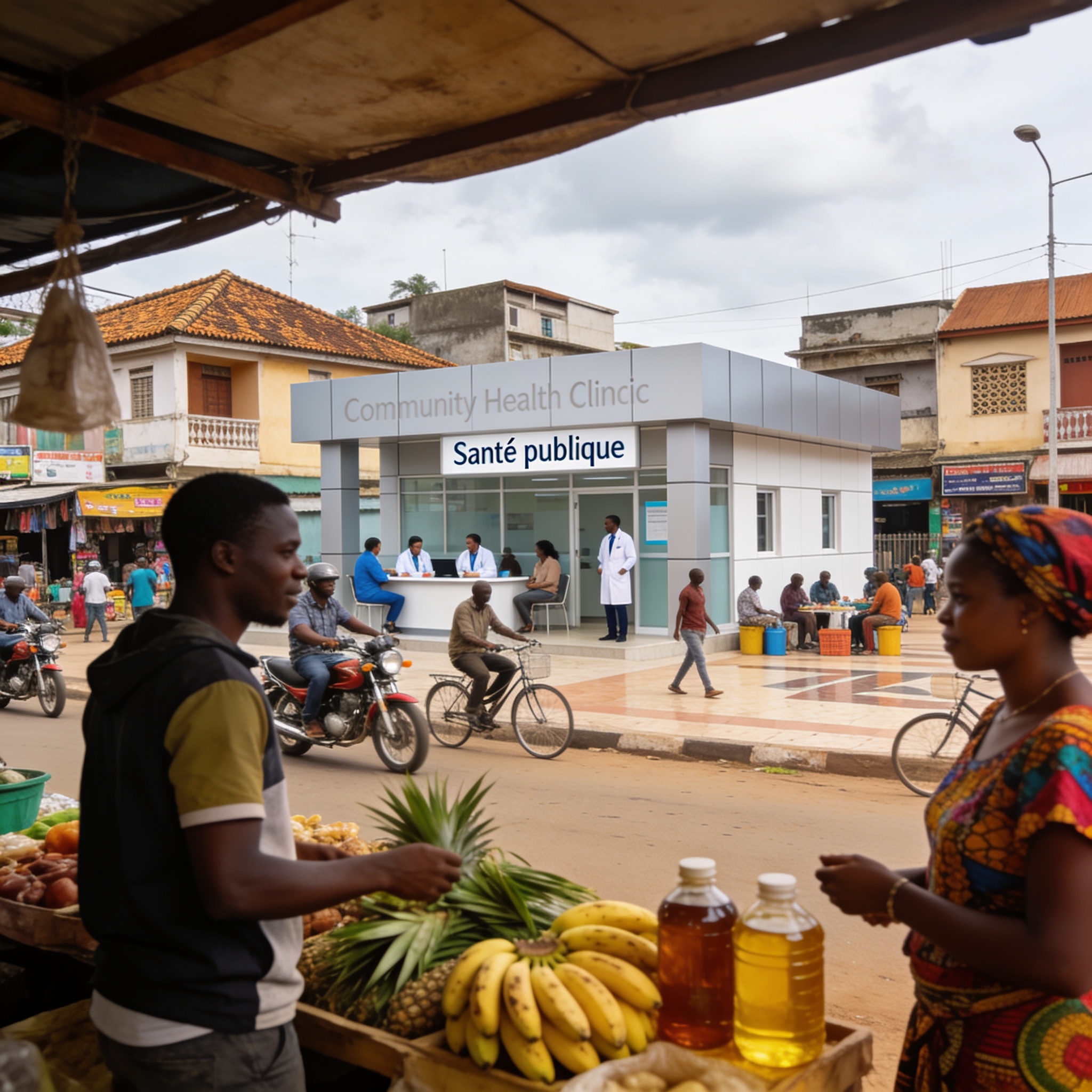 Create an editorial news illustration for an article about 'Les actualités congolaises du 4 août 2026 : économie, société et santé'. The specific country is Republiqe du Congo (CG); make visual cues accurate to this exact country and avoid flags or s