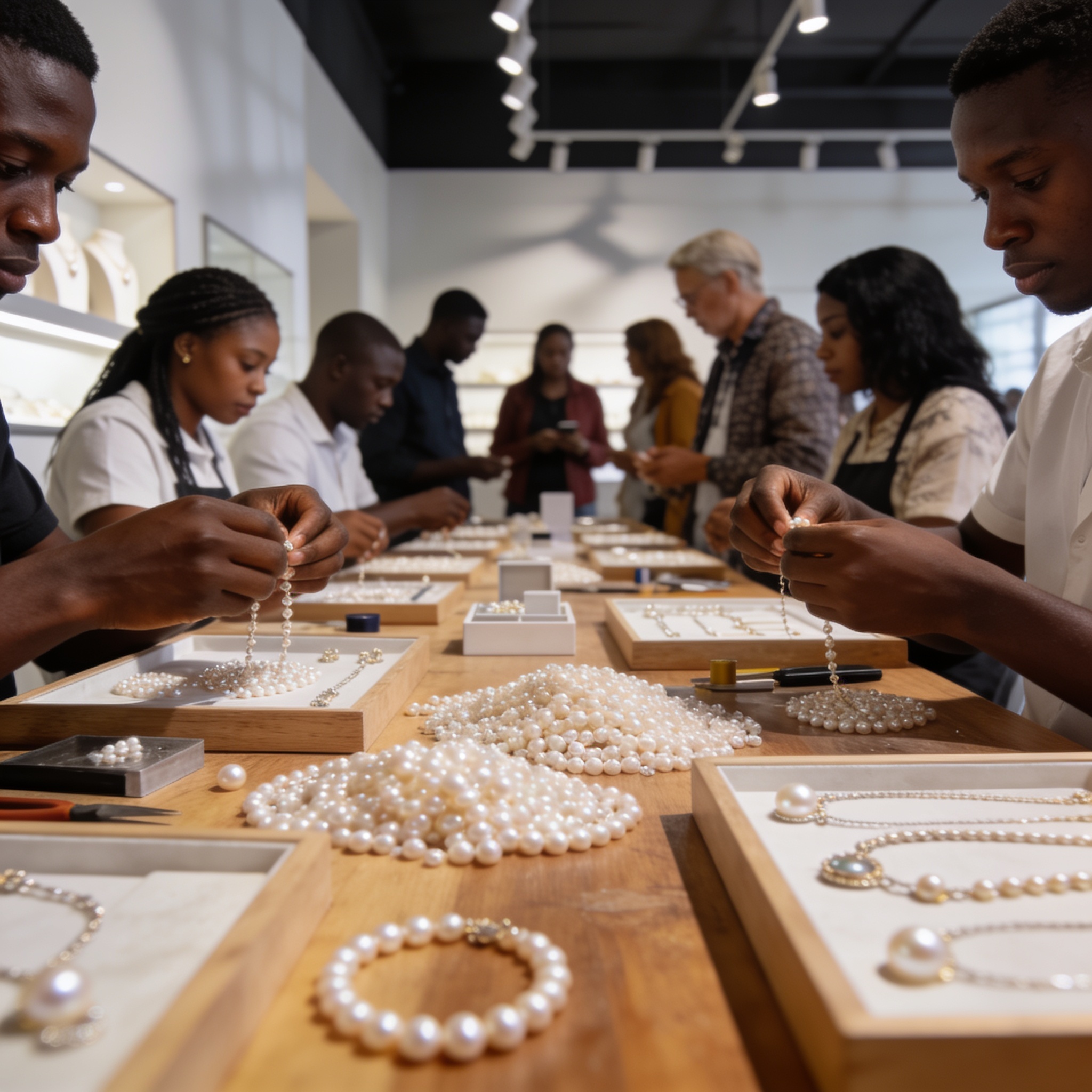 Create an editorial news illustration for an article about 'Made in Congo : l’exposition-vente des jeunes perliers dynamise l’artisanat à Brazzaville'. The specific country is Republiqe du Congo (CG); make visual cues accurate to this exact country a