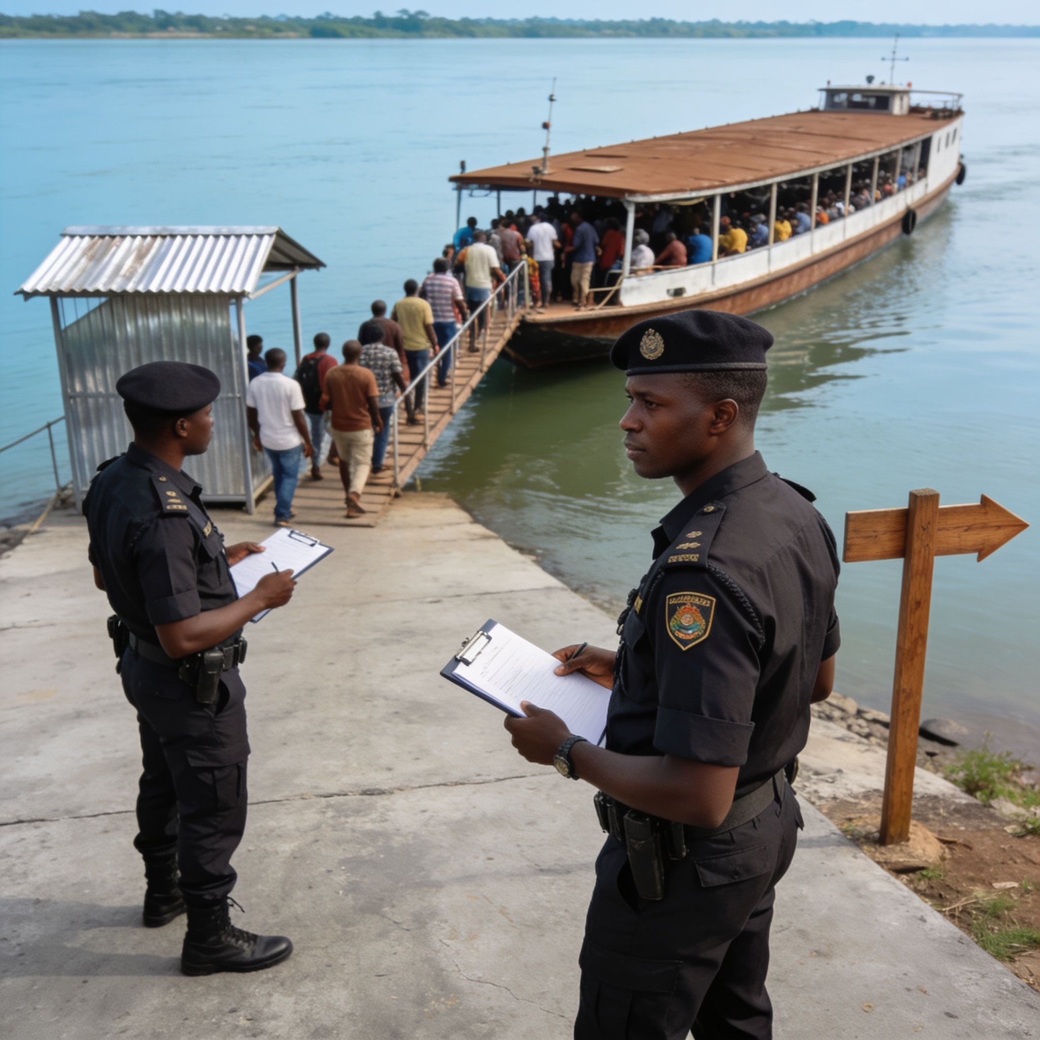 Create an editorial news illustration for an article about 'Sangha : la traversée fluviale reprend avec des mesures de sécurité renforcées'. The specific country is Republiqe du Congo (CG); make visual cues accurate to this exact country and avoid fl